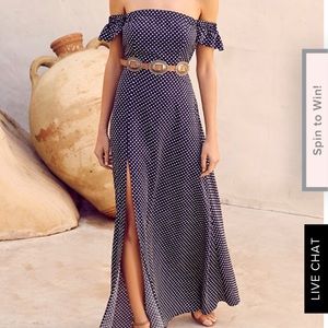 NAVY BLUE POLKA DOT OFF-THE-SHOULDER MAXI DRESS